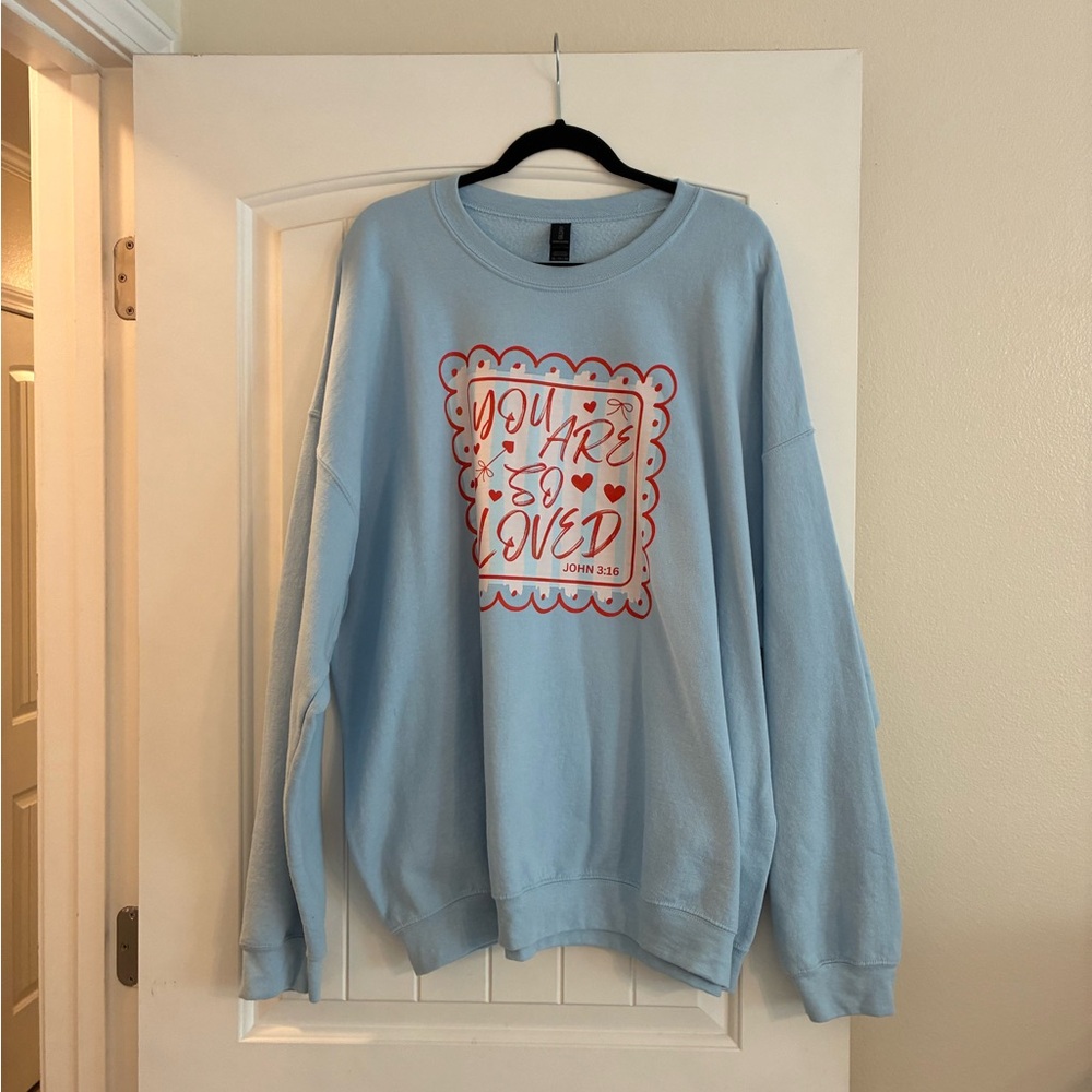 Gildan Light Blue Crewneck Sweatshirt with Red Graphic